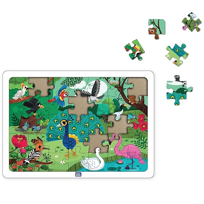 Mini Leaves 35 Piece Puzzle for Kids | Jungle Birds Jigsaw Puzzle | Educational Toys for Kids 3+ Years With Wooden Tray