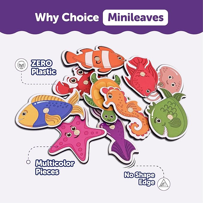 Mini Leaves Fishing Tray Wooden Round Fish Catching Tray Magnetic Fishing Game for Kids Fishing Toy Educational Toys | 10 Pieces