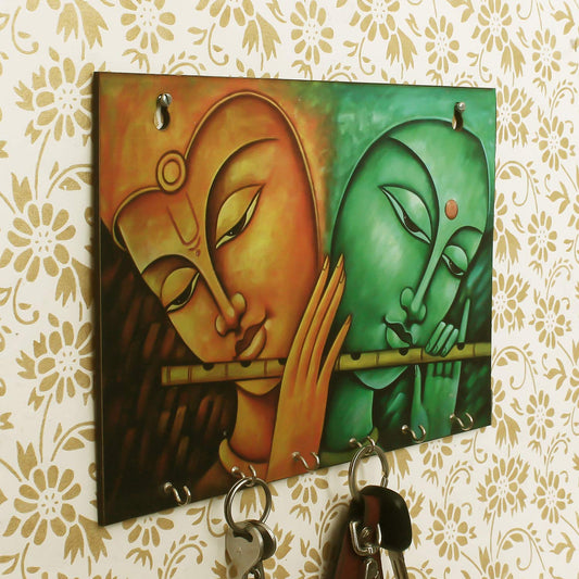 Ecraftindia Radhe Krishna Theme Wooden Key Holder With 6 Hooks