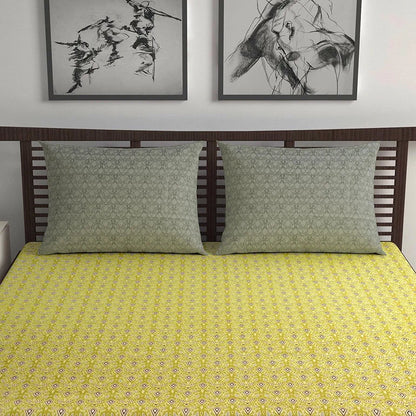 Divine Casa 144 TC 100% Pure Cotton Double Bedsheet with 2 Pillow Covers Ikat Diamond Print Colour Mustard Yellow