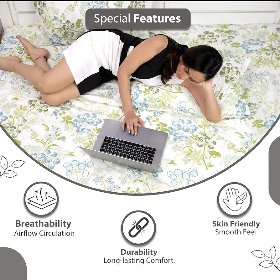 Divine Casa Bedsheet for Single Size Bed 144 TC Cotton Bedsheet for Single Size Bed with 1 Pillow Cover  Floral Colour Green Blush