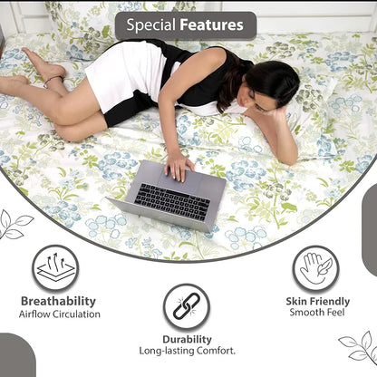 Divine Casa Bedsheet for Single Size Bed 144 TC Cotton Bedsheet for Single Size Bed with 1 Pillow Cover  Floral Colour Green Blush