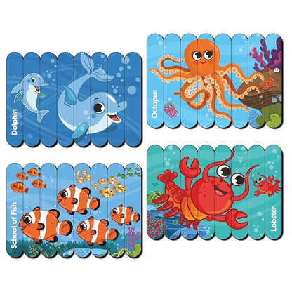 Mini Leaves Ocean Animal Strip Wooden Puzzles| Stick Puzzle Educational Puzzle for 3+ Years | Multicolor 4 Patterns 32 Pieces