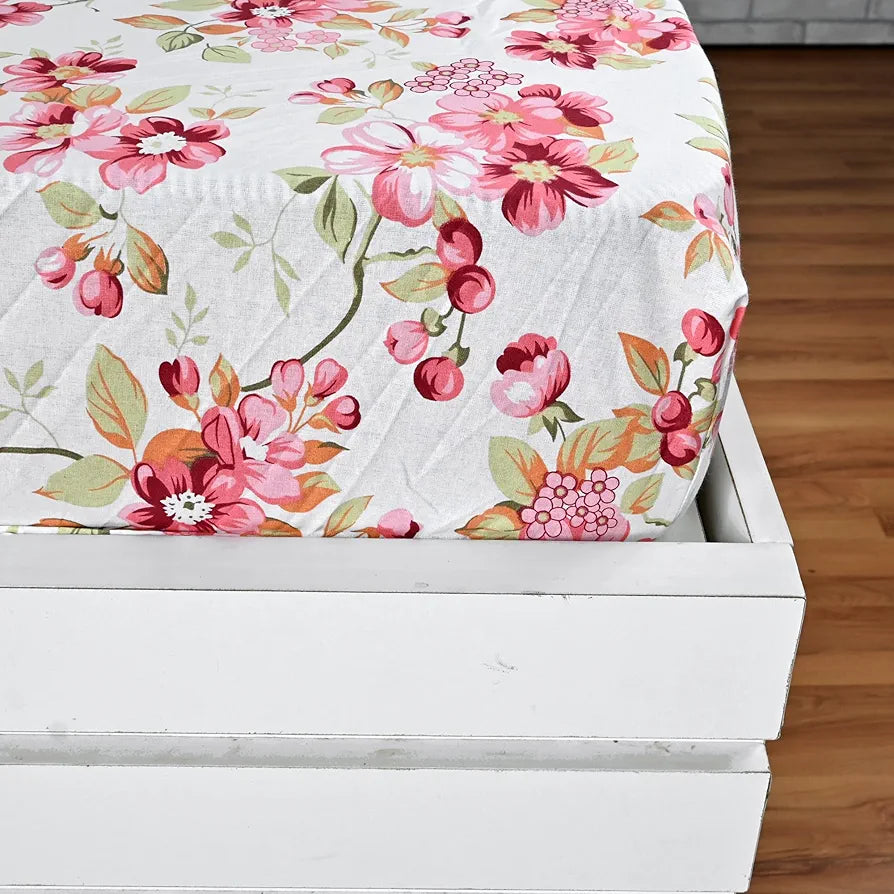 Divine Casa Floret 100% Cotton King Fitted Bedsheet 144 TC Deep Pocket Design Soft & Breathable Fabric Colour Rosy Retreat