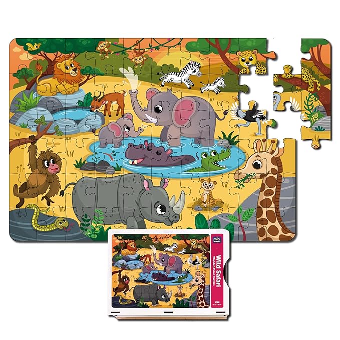 Mini Leaves 60 Pieces Wooden Floor Puzzle for Kids & Adults | Wild Safari Animals Jigsaw Floor Puzzle | Fun & Challenging