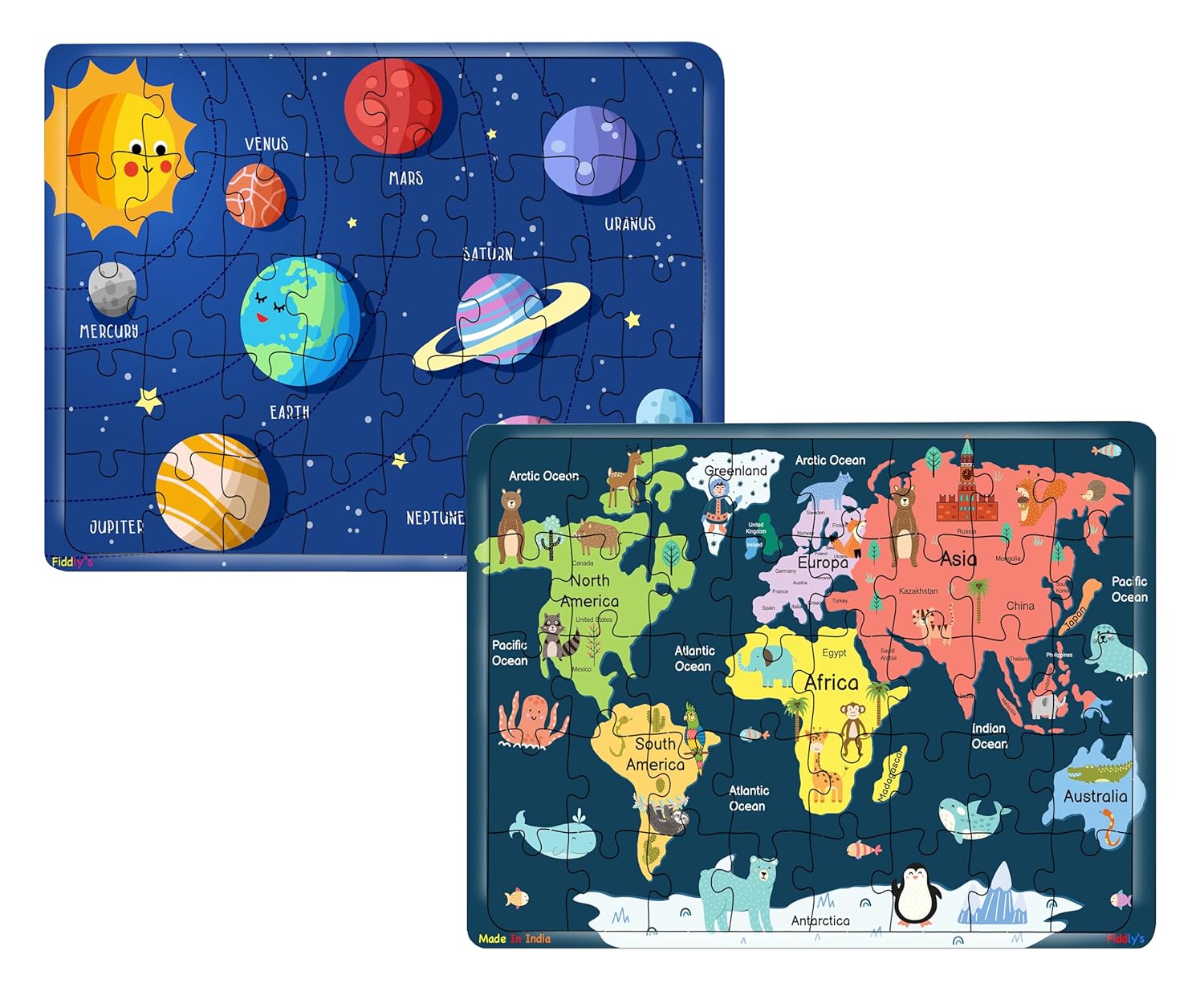Fiddlys 40 Pcs Paperless Wooden Jigsaw Puzzle for Kids Learning Educational Toy for 4 Years and Above | World Map & Solar System