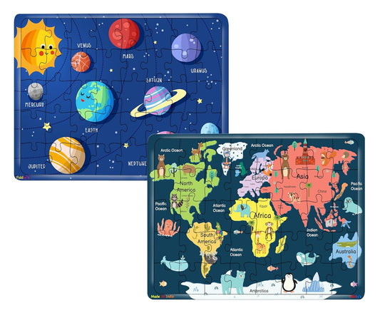 Fiddlys 40 Pcs Paperless Wooden Jigsaw Puzzle for Kids Learning Educational Toy for 4 Years and Above | World Map & Solar System