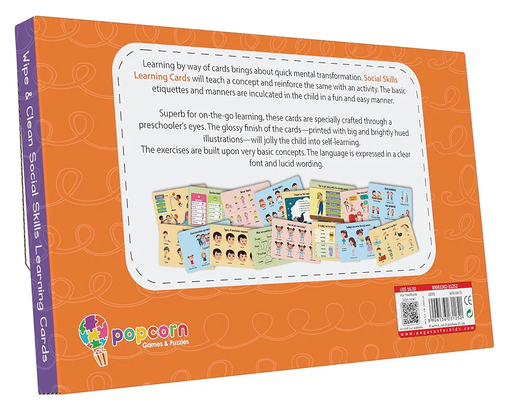 Popcorn Games & Puzzles Interactive Social_Skills Flash Cards 2+ Years Kids: Enhance Communication with Reusable Wipe & Clean Learning Cards 16 Cards with Wipe & Clean Marker