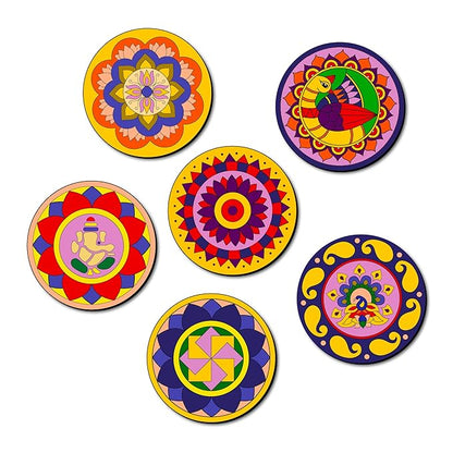 Mini Leaves Wooden Mandala Painting Kit Tea Coasters Rangoli Art and Craft Kit for Girls Boys 9-12 Years Coaster DIY Kit | Set of 6