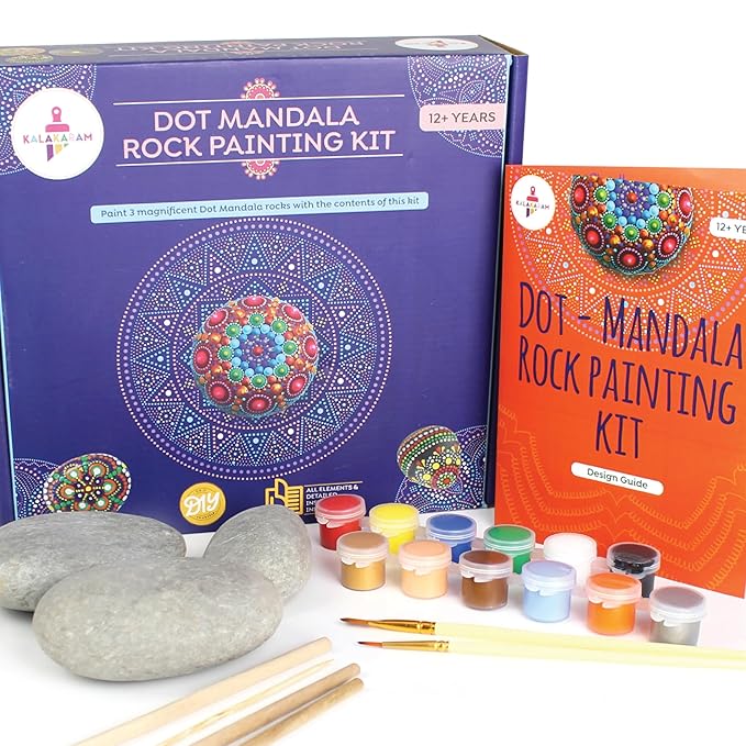 Kalakaram Diy Dot Mandala Art Rock Painting Kit | Create a Mandala Design on Rocks With 3 Large Re-useable River Rocks | Activity Kit for Kids