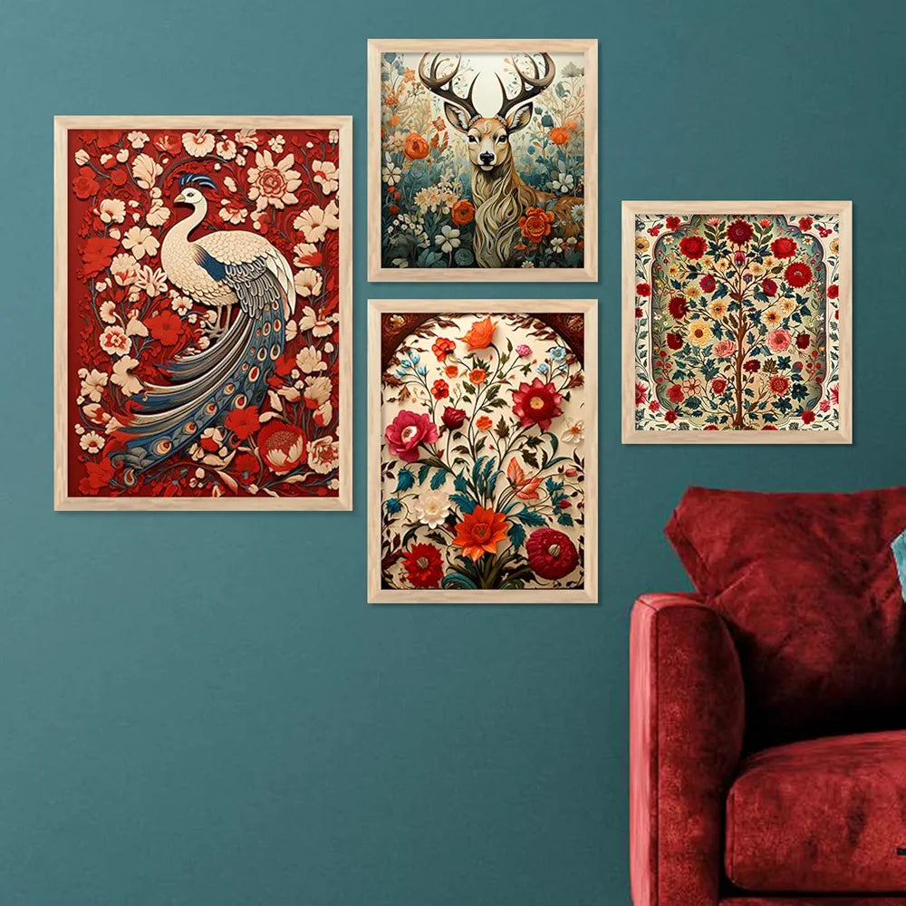 Kotart Madhubani Art Paintings with Frame Traditional Framed Painting Set of 4 Frames E