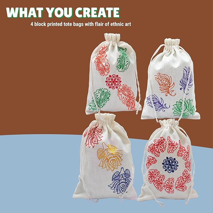 Kalakaram Make Your Own Block Printed Tote Bag Diy Activity Box | Tote Bag Block Print for Adults and Kids 12+ | Traditional Art Kit