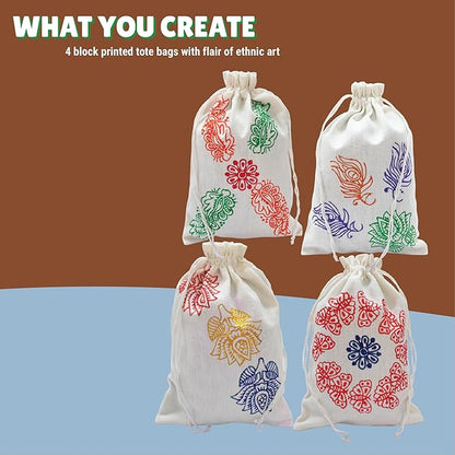 Kalakaram Make Your Own Block Printed Tote Bag Diy Activity Box | Tote Bag Block Print for Adults and Kids 12+ | Traditional Art Kit
