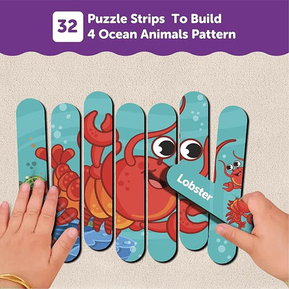 Mini Leaves Ocean Animal Strip Wooden Puzzles| Stick Puzzle Educational Puzzle for 3+ Years | Multicolor 4 Patterns 32 Pieces