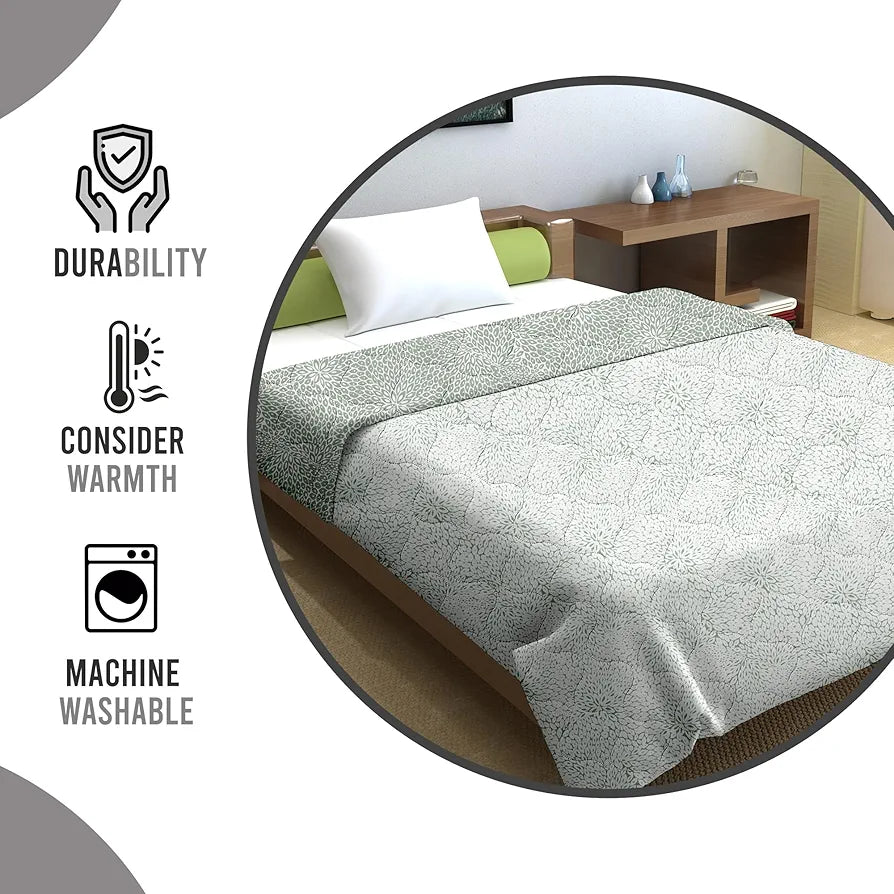 Divine Casa Microfibre All Weather Lightweight 120 GSM Printed Reversible Single Bed Size Quilt Comforter Blanket TC - 120 Colour Silvery and White