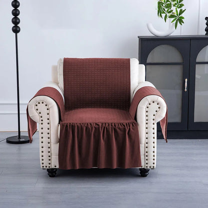 Kuber Industries Soft Velvet Quilted Single Seater Sofa Cover with Pocket Arms Frill Maroon