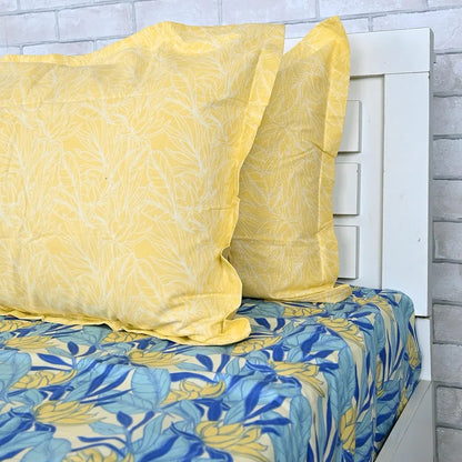 Divine Casa 144 TC 100% Pure Cotton Double Bed Bedsheet with 2 Pillow Covers Tropical Floral Colour Blue Yellow