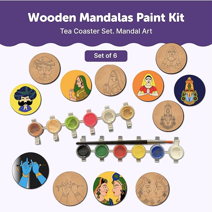 Mini Leaves Wooden Mandala Painting Kit Tea Coasters Art and Craft Kit for Girls Boys 9-12 Years Coaster Diy Kit | Set of 6