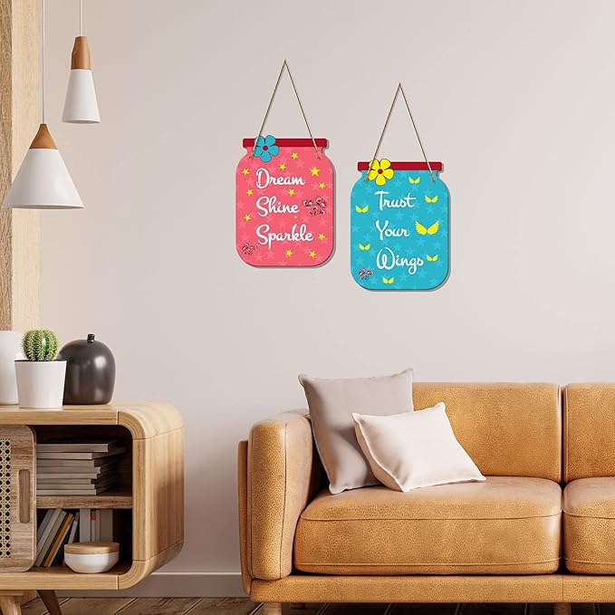 Artvibes Dream Shine Sparkle Quote Decorative Art Mdf Wooden Hanger for Living Room | Set of 2