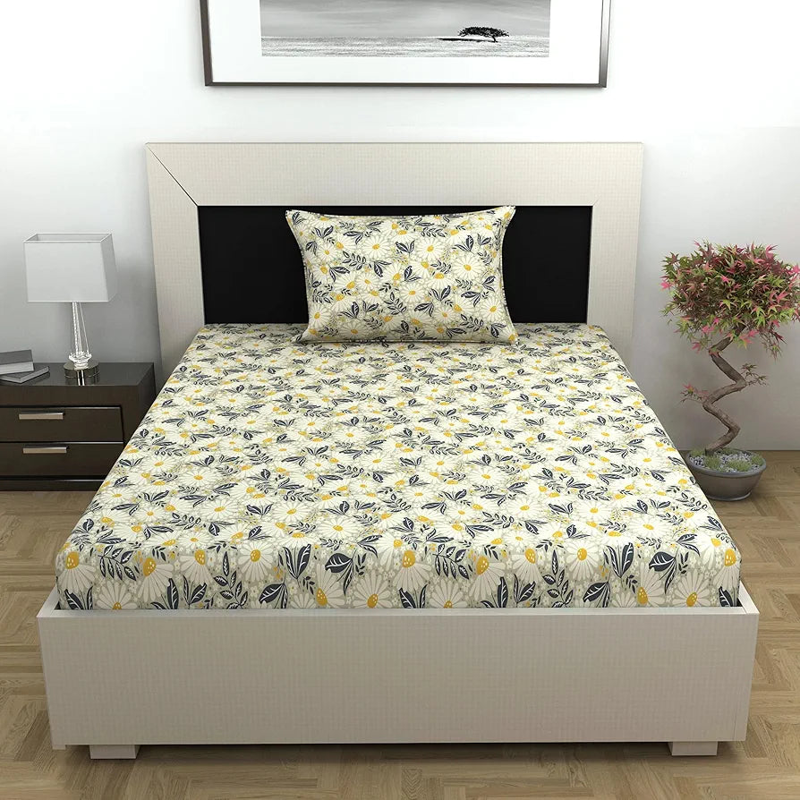 Divine Casa 100% Cotton Bedsheet for Single Bed, 144 TC Bedsheet Single Size Bed Cotton with 1 Pillow Cover Colour Classic Yellow