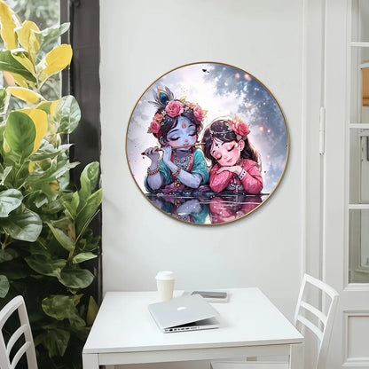 Livin'luxe Paintings Krishna and Radha Childhood Bliss Wall Painting with Frame - Sparkle Glossy Round Golden Framed Large