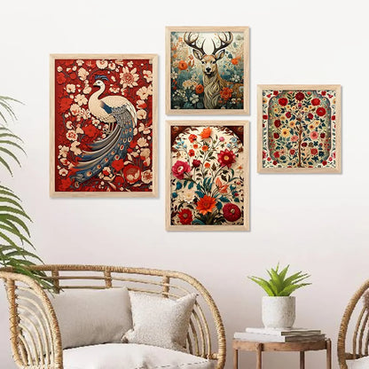 Kotart Madhubani Art Paintings with Frame Traditional Framed Painting Set of 4 Frames E