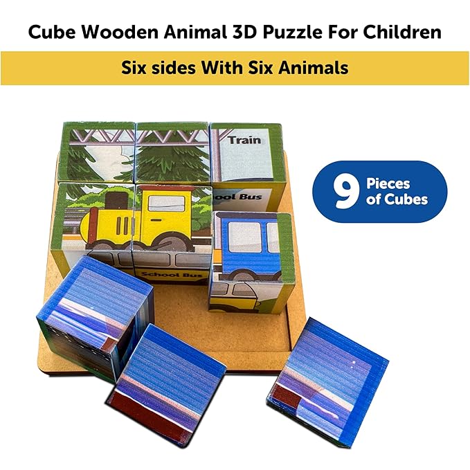 Mini Leaves 6 in 1 Transport Wooden Cube Block 6 Sides with 6 Animal with Storage Tray Kids 3+ Years | Educational Sorting and Assembling Toys