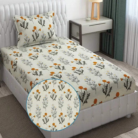 Fresh From Loom Single Bed Microfiber Bedsheet with Floral Print 240 TC Hypoallergenic Includes 1 Pillow Covers Multicolor Daisy-Vanilla