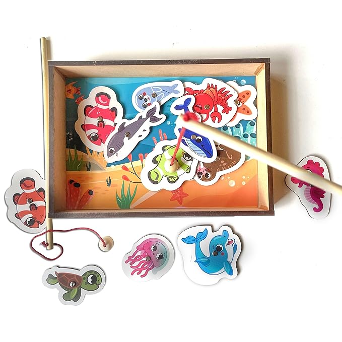 Mini Leaves Wooden Magnetic Fishing Game for Kids | Educational Fish Catching Game for Kids | 13 Pieces Square