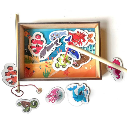 Mini Leaves Wooden Magnetic Fishing Game for Kids | Educational Fish Catching Game for Kids | 13 Pieces Square