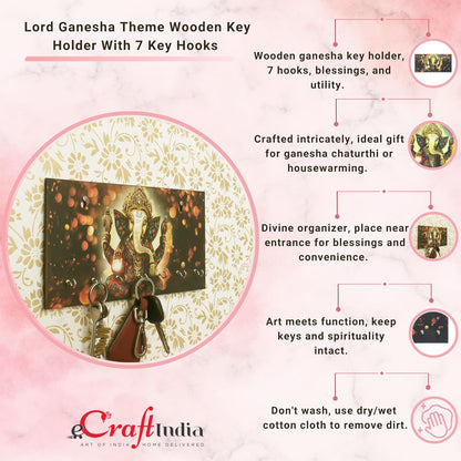 Ecraftindia Lord Ganesha Theme Wooden Key Holder for Wall With 7 Key Hooks