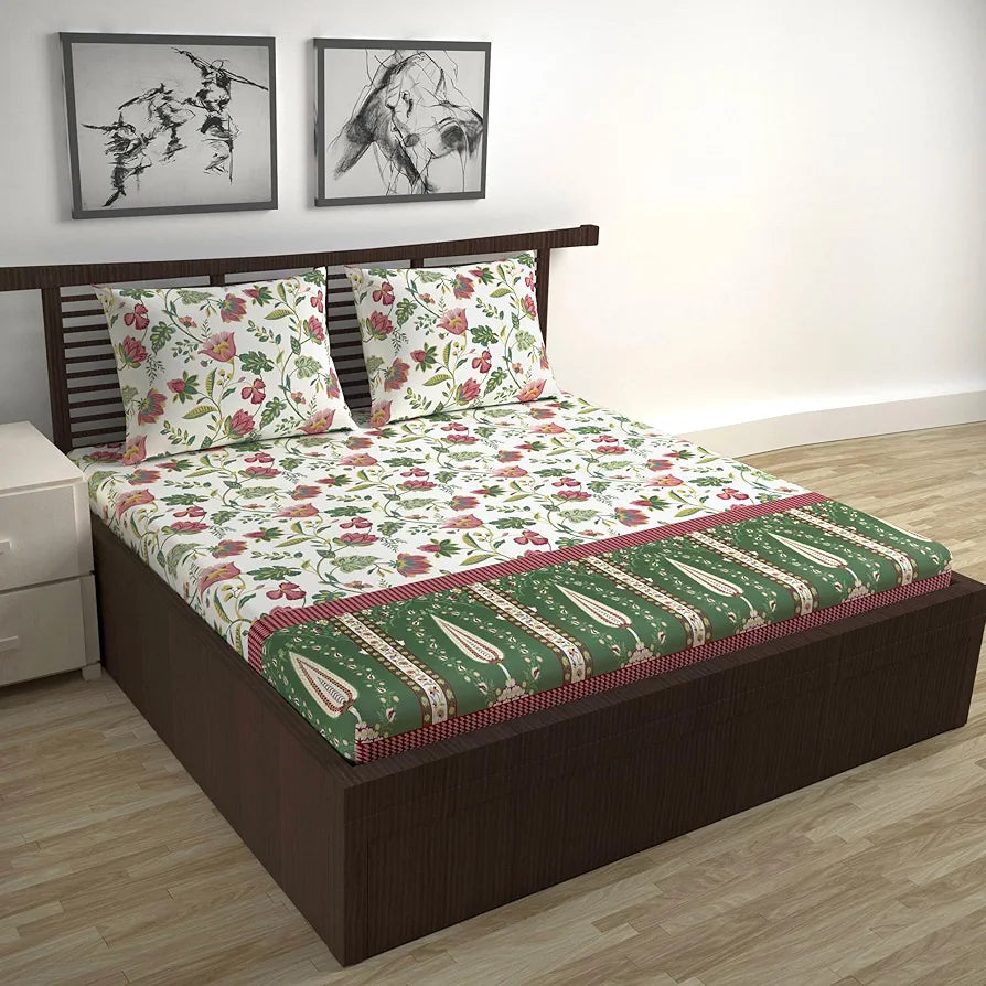 Divine Casa 144 TC 100% Cotton Bedsheet for Double Bed with Pillow Covers Colour Magenta Green