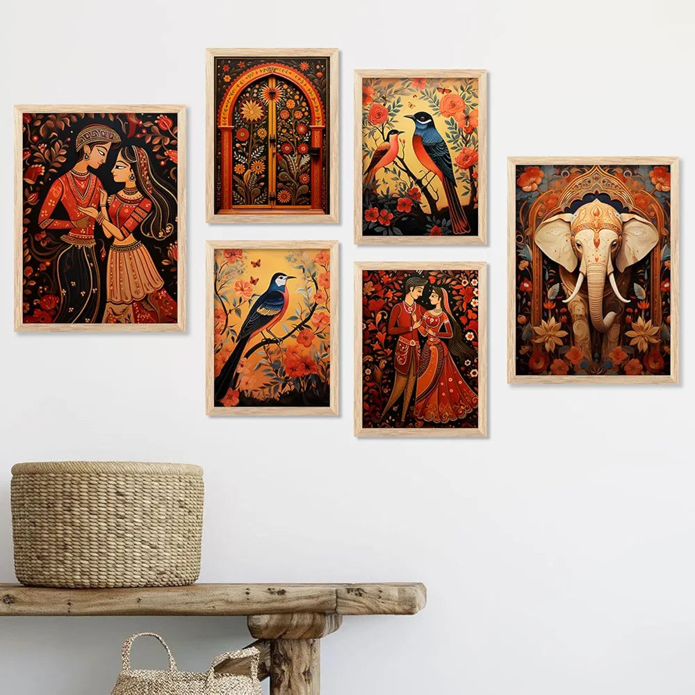 Kotart Madhubani Art Paintings with Frame Traditional Framed Painting Pack of 6