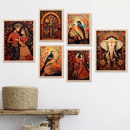 Kotart Madhubani Art Paintings with Frame Traditional Framed Painting Pack of 6