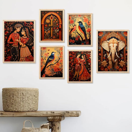 Kotart Madhubani Art Paintings with Frame Traditional Framed Painting Pack of 6