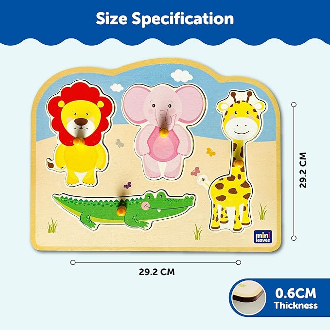 Mini Leaves Jungle Animal Friends Jumbo Knob Wooden Puzzle | Knob Puzzles for Kids for Age 1 and Above | Educational Puzzle