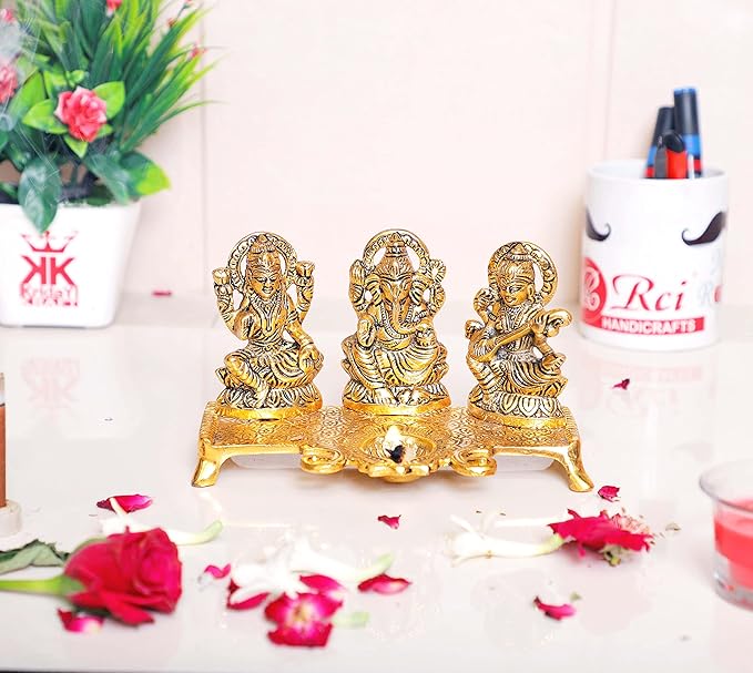 KridayKraft Laxmi Ganesh Saraswati Metal Idol Decorative Platter with Diya Gold