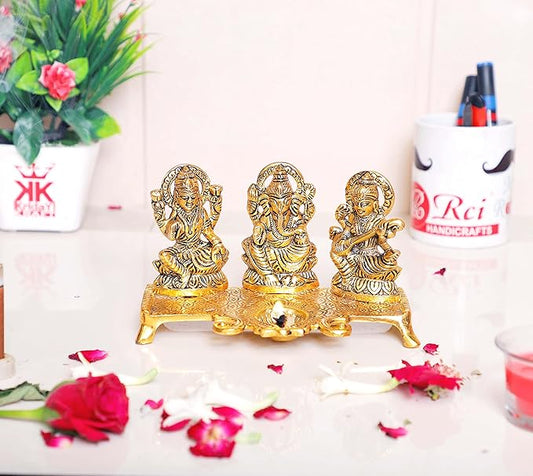 KridayKraft Laxmi Ganesh Saraswati Metal Idol Decorative Platter with Diya Gold