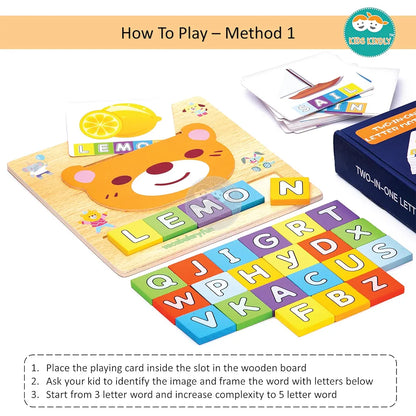 KIDS KINDLY Wooden 2 in 1 Spelling Puzzle Game for Kids Age 3+, Alphabet Learning Toy with Word Cards, Vocabulary Building and Matching Activity, Wooden Educational Games for 3 to 5 Years Boys & Girls