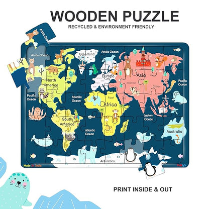 Fiddlys 40 Pcs Paperless Wooden Jigsaw Puzzle for Boys & Girls Learning Educational Toy for 4 Years and Above | World Map