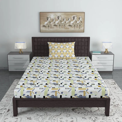 Divine Casa 144 TC Cotton Bedsheet for Single Bed with 1 Pillow Cover Colour Yellow & White