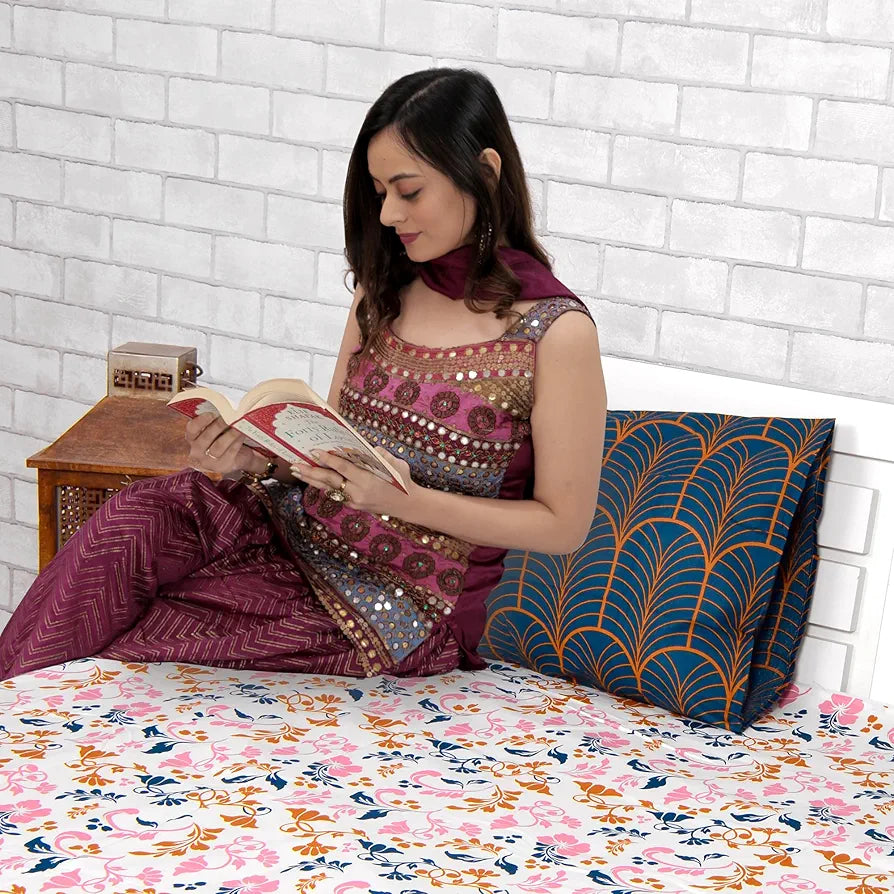 Divine Casa Bedsheet for Single Size Bed 144 TC Cotton Bedsheet for Single Size Bed with 1 Pillow Cover  Floral Colour Peach Blue