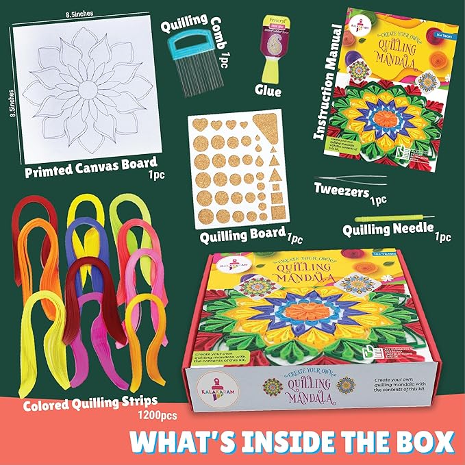 Kalakaram Mandala Quilling Kit Stripes and Tools | Diy Craft Kit for Kids and Adults | With Pre-designed Canvas Board