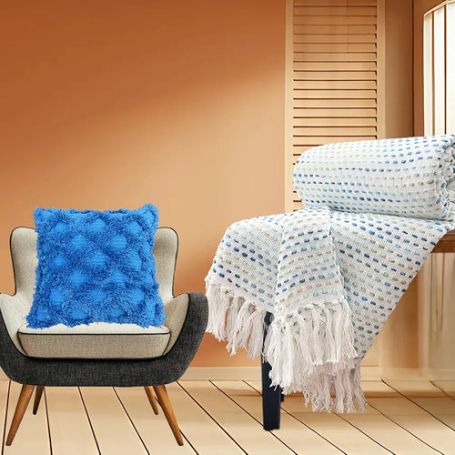 Sajavat Home Hand-Knitted Pure Cotton 3 Seater Sofa Throw with Cushion Cover Colour Egyptian Cushion & Multi Blue Throw