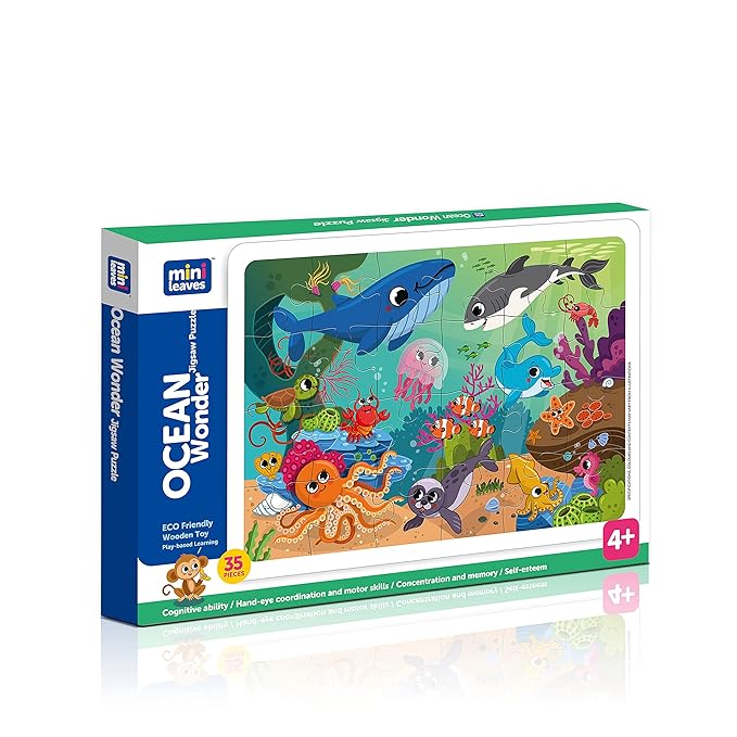Mini Leaves 35 Piece Puzzle for Kids | Ocean Animals Jigsaw Puzzle | Educational Toys for Kids 3+ Years With Wooden Tray