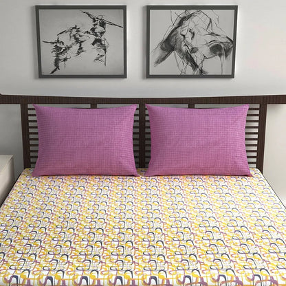 Divine Casa 144 TC 100% Pure Cotton Queen Size Double Bed Bedsheet with 2 Pillow Covers Wavy Pattern Colour Charcoal Yellow