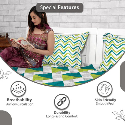 Divine Casa 144 TC 100% Cotton Double Bedsheet with 2 Pillow Covers Floral Pattern Colour Sky Blue & Lemon