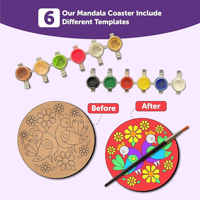 Mini Leaves Wooden Mandala Beginner Paint Kit Tea Coasters Art and Craft Kit | Coaster Diy Kit Set of 6
