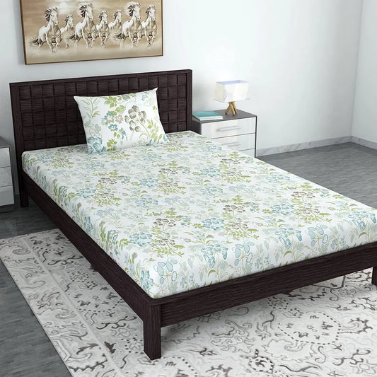 Divine Casa Bedsheet for Single Size Bed 144 TC Cotton Bedsheet for Single Size Bed with 1 Pillow Cover  Floral Colour Green Blush