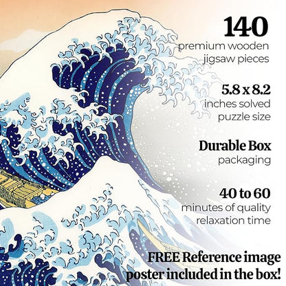 91knots Hokusai's the Great Wave Off Kanagawa Wooden Jigsaw Puzzle 140 Pieces for Adults and Kids | Japanese Ukiyo-e Artwork